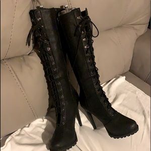 “Aldo Boots” Black soft leather -Size 9 -lace up & zip up -5”stiletto-